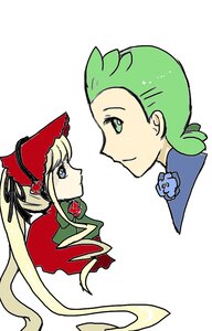 Rating: Safe Score: 0 Tags: 1boy 1girl blonde_hair blue_eyes bonnet bowtie flower green_eyes green_hair green_neckwear image long_hair rose shinku simple_background smile solo white_background User: admin