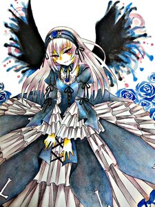 Rating: Safe Score: 0 Tags: 1girl black_wings blue_flower blue_rose dress feathers flower frills hairband image long_hair long_sleeves red_eyes ribbon rose smile solo suigintou traditional_media watercolor_(medium) wings User: admin