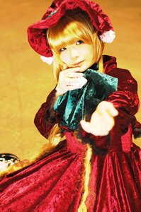 Rating: Safe Score: 0 Tags: 1girl blonde_hair blue_eyes bonnet bow dress long_sleeves looking_at_viewer realistic red_dress shinku solo User: admin