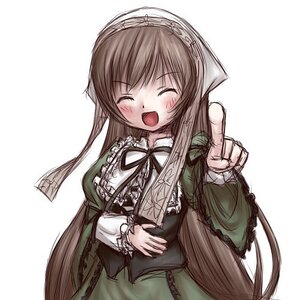Rating: Safe Score: 0 Tags: 1girl :d ^_^ blush brown_hair closed_eyes dress green_dress image index_finger_raised long_hair long_sleeves open_mouth simple_background smile solo suiseiseki very_long_hair white_background User: admin