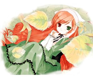 Rating: Safe Score: 0 Tags: 1girl arm_garter black_neckwear black_ribbon bonnet brown_hair clenched_hands dress frills green_dress green_eyes heterochromia image leaf long_hair long_sleeves looking_at_viewer neck_ribbon nyoi red_eyes ribbon rozen_maiden solo suiseiseki very_long_hair User: admin