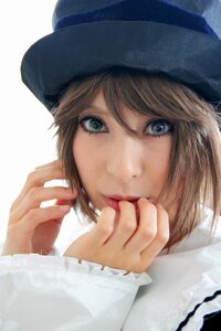 Rating: Safe Score: 0 Tags: 1girl bangs blue_eyes brown_hair closed_mouth hat lips long_sleeves looking_at_viewer short_hair solo souseiseki swept_bangs white_background User: admin