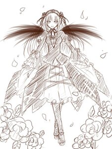 Rating: Safe Score: 0 Tags: 1girl boots dress flower frills greyscale hairband image long_hair long_sleeves monochrome petals rose sketch solo suigintou User: admin