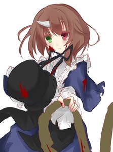 Rating: Safe Score: 0 Tags: 1girl blood bloody_clothes bloody_hands brown_hair dress green_eyes hat hat_removed headwear_removed heterochromia image injury red_eyes short_hair solo souseiseki torn_clothes User: admin