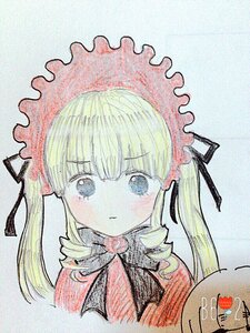 Rating: Safe Score: 0 Tags: 1girl bangs blonde_hair blue_eyes blush bonnet bow bowtie closed_mouth dress drill_hair eyebrows_visible_through_hair image long_hair looking_at_viewer marker_(medium) shinku simple_background solo traditional_media twin_drills User: admin