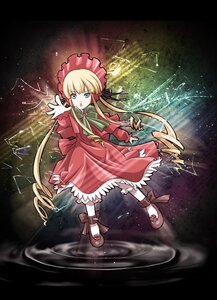 Rating: Safe Score: 0 Tags: 1girl blonde_hair blue_eyes bonnet bow bowtie dress drill_hair full_body green_bow image long_hair long_sleeves looking_at_viewer open_mouth red_dress shinku shoes solo standing twintails very_long_hair water User: admin