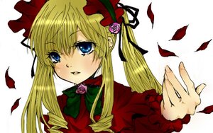 Rating: Safe Score: 0 Tags: 1girl blonde_hair blue_eyes bow bowtie dress flower green_bow image long_hair long_sleeves looking_at_viewer petals red_dress rose rose_petals shinku sidelocks simple_background solo twintails white_background User: admin