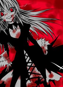 Rating: Safe Score: 0 Tags: 1girl blood blood_on_face blood_splatter bloody_clothes dress image long_hair monochrome red_eyes smile solo spot_color suigintou User: admin
