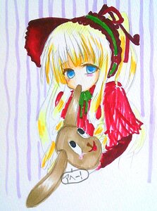 Rating: Safe Score: 0 Tags: 1girl blonde_hair blue_eyes bow curtains image long_hair long_sleeves red_dress shinku solo striped_background traditional_media User: admin