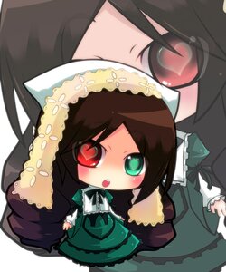 Rating: Safe Score: 0 Tags: 1girl blush brown_hair chibi dress frills green_dress green_eyes heterochromia image lolita_fashion long_hair long_sleeves open_mouth red_eyes ribbon solo suiseiseki User: admin