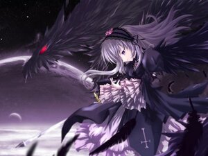 Rating: Safe Score: 0 Tags: 1girl black_wings dress feathered_wings feathers flower frills hairband image long_hair long_sleeves moon night purple_eyes silver_hair solo suigintou very_long_hair wings User: admin