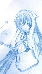 Rating: Safe Score: 0 Tags: 1girl apron blue_theme blush eighth_note eyebrows_visible_through_hair holding image long_hair looking_at_viewer monochrome musical_note neck_ribbon ribbon smile solo suiseiseki User: admin