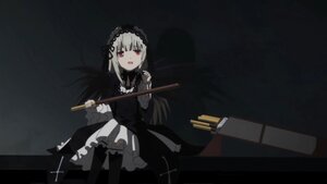 Rating: Safe Score: 0 Tags: 1girl black_background black_dress dress frills gothic_lolita hairband holding image lolita_fashion long_hair long_sleeves looking_at_viewer open_mouth red_eyes silver_hair solo suigintou weapon User: admin