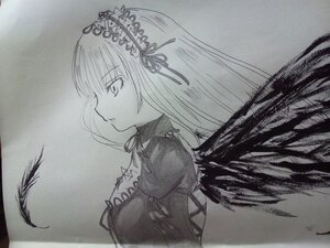 Rating: Safe Score: 0 Tags: 1girl bangs breasts closed_mouth dress eyebrows_visible_through_hair feathered_wings feathers flower greyscale hairband image juliet_sleeves long_hair long_sleeves monochrome profile puffy_sleeves ribbon solo suigintou traditional_media upper_body wings User: admin