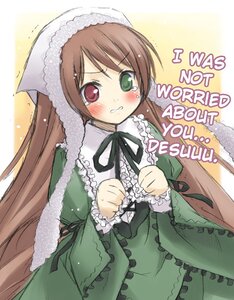 Rating: Safe Score: 0 Tags: 1girl black_ribbon blush bonnet bow brown_hair clenched_teeth dress english_text eretto frills green_dress green_eyes hat head_scarf heterochromia image long_hair long_sleeves red_eyes ribbon rozen_maiden solo suiseiseki tears translated tsundere very_long_hair white_background User: admin