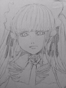 Rating: Safe Score: 0 Tags: 1girl bangs flower greyscale image long_hair looking_at_viewer monochrome ribbon rose shinku simple_background solo traditional_media User: admin