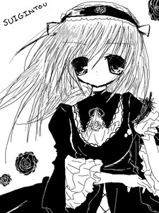 Rating: Safe Score: 0 Tags: 1girl dress flower frills greyscale hairband image juliet_sleeves lolita_fashion lolita_hairband long_sleeves looking_at_viewer monochrome puffy_sleeves rose simple_background solo suigintou upper_body white_background User: admin