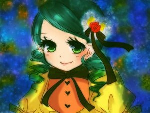 Rating: Safe Score: 0 Tags: 1girl drill_hair flower green_eyes green_hair image kanaria long_sleeves looking_at_viewer night ribbon rose smile solo twin_drills upper_body User: admin