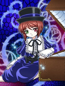 Rating: Safe Score: 0 Tags: 1girl blue_dress brown_hair dress frills green_eyes hat heterochromia hexagon image long_sleeves looking_at_viewer red_eyes ribbon short_hair solo souseiseki top_hat User: admin