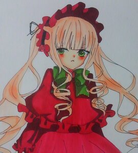 Rating: Safe Score: 0 Tags: 1girl bangs blonde_hair blush closed_mouth dress flower frills green_eyes image long_hair long_sleeves looking_at_viewer marker_(medium) photo rose shinku simple_background solo traditional_media twintails very_long_hair User: admin