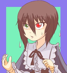 Rating: Safe Score: 0 Tags: 1girl auto_tagged brown_hair dress frills green_eyes heterochromia image long_sleeves red_eyes ribbon simple_background solo souseiseki suiseiseki sweatdrop upper_body User: admin
