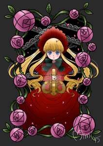 Rating: Safe Score: 0 Tags: 1girl blonde_hair blue_eyes bonnet bow capelet dress flower image leaf long_hair looking_at_viewer pink_flower pink_rose plant red_capelet red_dress rose shinku solo thorns twintails very_long_hair vines User: admin