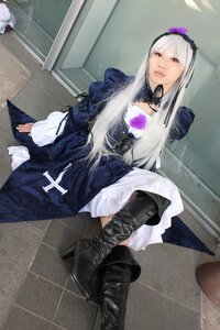 Rating: Safe Score: 0 Tags: 1girl boots choker dress frills hairband long_hair long_sleeves photo red_eyes silver_hair sitting solo suigintou tile_floor User: admin