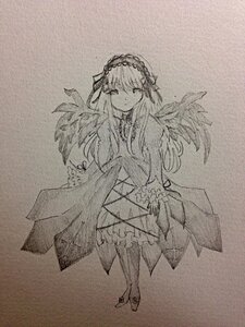 Rating: Safe Score: 0 Tags: 1girl bangs boots closed_mouth dress eyebrows_visible_through_hair feathered_wings flower frills full_body greyscale hairband image long_hair long_sleeves looking_at_viewer monochrome pantyhose photo ribbon rose solo standing suigintou traditional_media wide_sleeves wings User: admin