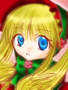 Rating: Safe Score: 0 Tags: 1girl blonde_hair blue_eyes blush bow bowtie dress flower green_bow image long_hair looking_at_viewer open_mouth rose shinku simple_background solo twintails User: admin