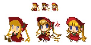 Rating: Safe Score: 0 Tags: 1girl blonde_hair blue_eyes chibi dress hat image insect multiple_girls pixel_art shinku solo ushiromiya_battler User: admin