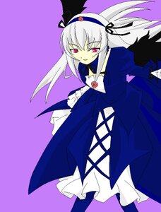 Rating: Safe Score: 0 Tags: 1girl black_wings dress frills hairband image juliet_sleeves long_hair long_sleeves looking_at_viewer pink_eyes purple_background ribbon rose simple_background solo standing suigintou wings User: admin