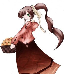 Rating: Safe Score: 0 Tags: 1girl basket brown_hair food fruit green_eyes heterochromia image long_hair long_sleeves looking_at_viewer skirt solo suiseiseki white_background User: admin