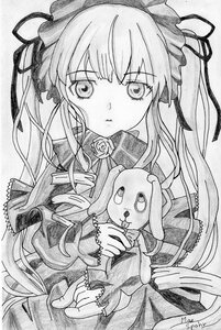 Rating: Safe Score: 0 Tags: 1girl dress drill_hair flower greyscale hairband image long_hair long_sleeves looking_at_viewer monochrome ribbon rose shinku simple_background solo stuffed_animal suigintou traditional_media twintails upper_body User: admin