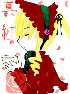 Rating: Safe Score: 0 Tags: 1girl blonde_hair bonnet closed_eyes cup flower heart holding image long_sleeves petals profile red_flower red_rose rose rose_petals shinku solo striped User: admin