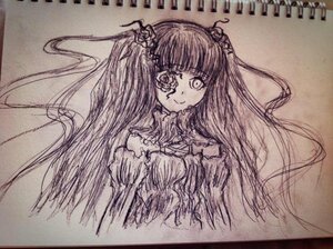 Rating: Safe Score: 0 Tags: 1girl blunt_bangs dress frills graphite_(medium) hair_ornament image kirakishou long_hair looking_at_viewer monochrome photo smile solo traditional_media upper_body User: admin