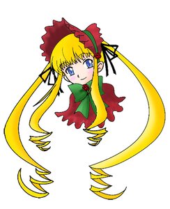 Rating: Safe Score: 0 Tags: 1girl blonde_hair blue_eyes blush bonnet bow bowtie dress flower green_bow image long_hair long_sleeves looking_at_viewer rose shinku simple_background solo twintails white_background User: admin