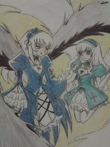 Rating: Safe Score: 0 Tags: 2girls black_wings dress flower frills hairband image long_hair long_sleeves multiple_girls red_eyes rose solo suigintou traditional_media wings User: admin