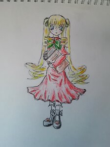 Rating: Safe Score: 0 Tags: 1girl bangs blonde_hair blue_eyes blush bowtie colored_pencil_(medium) dress drill_hair full_body image long_hair long_sleeves looking_at_viewer photo red_dress shinku shoes solo standing traditional_media twintails User: admin
