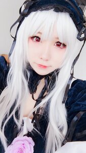 Rating: Safe Score: 0 Tags: 1girl bangs closed_mouth eyelashes flower fur_trim hairband lips long_hair looking_at_viewer red_eyes ribbon rose simple_background smile solo suigintou white_hair User: admin