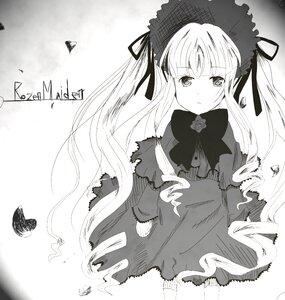 Rating: Safe Score: 0 Tags: 1girl blush bonnet bug butterfly capelet dress flower greyscale image insect lolita_fashion long_hair long_sleeves monochrome rose shinku solo twintails User: admin