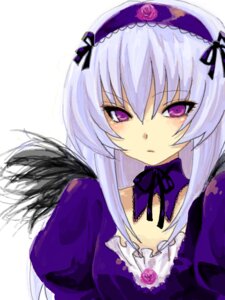 Rating: Safe Score: 0 Tags: 1girl black_wings detached_collar dress flower frills hairband image lolita_hairband long_hair long_sleeves looking_at_viewer puffy_sleeves purple_dress rose silver_hair simple_background solo suigintou upper_body white_background wings User: admin