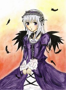 Rating: Safe Score: 0 Tags: 1girl auto_tagged bird black_wings bug butterfly cowboy_shot detached_collar dress feathers frilled_sleeves frills gothic_lolita hairband image insect lolita_fashion lolita_hairband long_hair long_sleeves looking_at_viewer silver_hair solo suigintou traditional_media wings User: admin