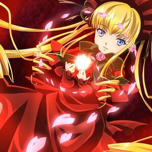 Rating: Safe Score: 0 Tags: 1girl blonde_hair blue_eyes bow dress drill_hair flower image long_hair long_sleeves looking_at_viewer petals pink_flower pink_rose red_dress rose rose_petals shinku solo User: admin