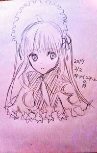 Rating: Safe Score: 0 Tags: 1girl bangs closed_mouth eyebrows_visible_through_hair frills hair_ribbon image long_hair looking_at_viewer purple_background purple_theme ribbon shinku solo traditional_media upper_body User: admin