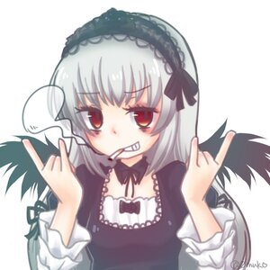 Rating: Safe Score: 0 Tags: 1girl blush dress gothic_lolita grin hairband image index_finger_raised lolita_fashion long_hair long_sleeves looking_at_viewer middle_finger mouth_pull pointing pointing_at_self red_eyes silver_hair simple_background smile solo suigintou teeth twitter_username upper_body white_background User: admin