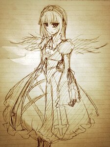 Rating: Safe Score: 0 Tags: 1girl blush dress flower frills full_body hairband image long_hair long_sleeves looking_at_viewer monochrome rose solo standing suigintou traditional_media very_long_hair wings User: admin