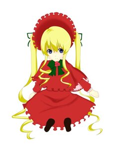 Rating: Safe Score: 0 Tags: 1girl blonde_hair blue_eyes bonnet bow bowtie capelet dress flower full_body green_bow green_neckwear image long_hair long_sleeves looking_at_viewer red_dress shinku simple_background smile solo standing twintails very_long_hair white_background User: admin