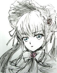 Rating: Safe Score: 0 Tags: 1girl blue_eyes blush bonnet bow bowtie eyebrows_visible_through_hair flower hair_ornament image long_hair looking_at_viewer monochrome ribbon rose shinku sketch solo spot_color User: admin