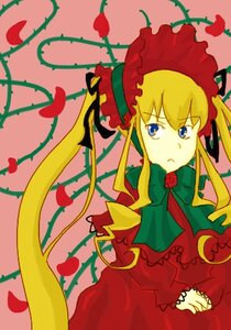 Rating: Safe Score: 0 Tags: 1girl blonde_hair blue_eyes bonnet bow bowtie dress flower green_bow image long_hair long_sleeves looking_at_viewer petals plant red_dress red_flower red_rose rose rose_petals shinku sidelocks solo twintails vines User: admin