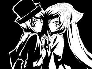 Rating: Safe Score: 0 Tags: 2girls dress greyscale hat holding_hands image long_hair long_sleeves looking_at_viewer monochrome multiple_girls pair simple_background souseiseki suiseiseki yuri User: admin